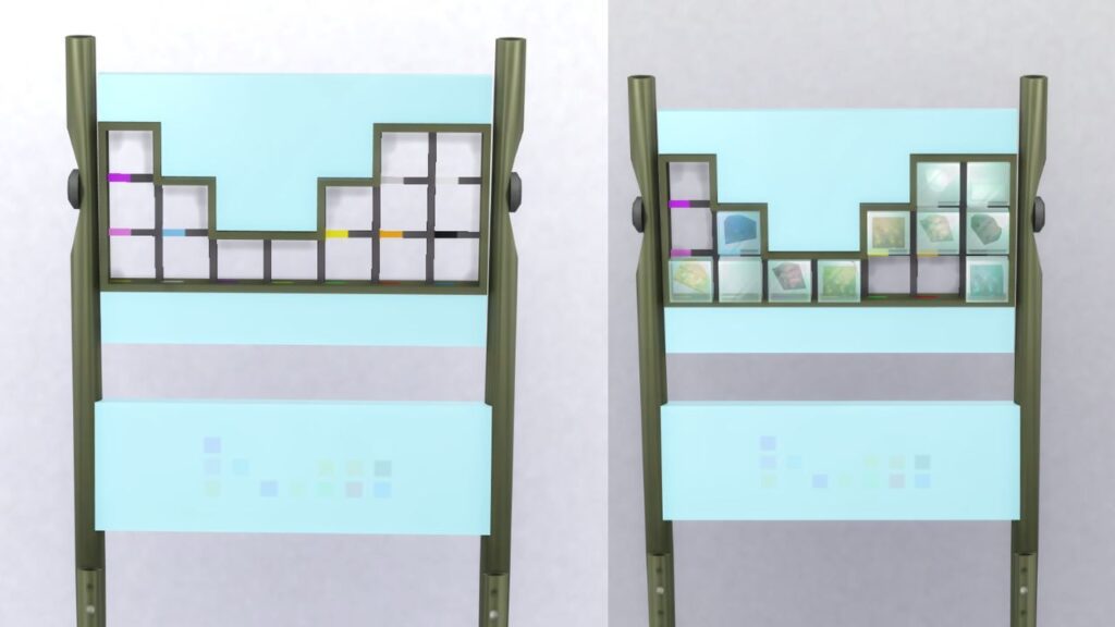 A screenshot from The Sims 4 showing a display rack for elements with nothing in it and one with elements isnide