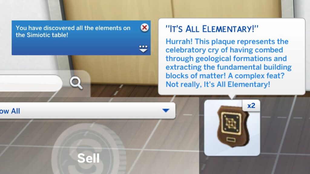 A screenshot from The Sims 4 showing the rewards for completing the elements collection