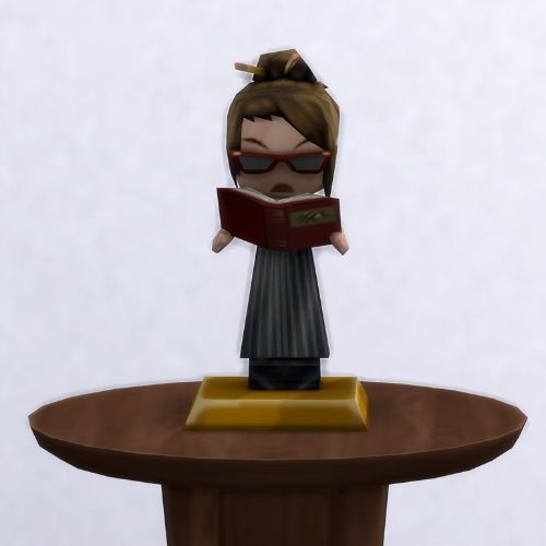 A screenshot from The Sims 4 with a small, circular brown table. On top is a MySims Trophy named Elmira Clamp