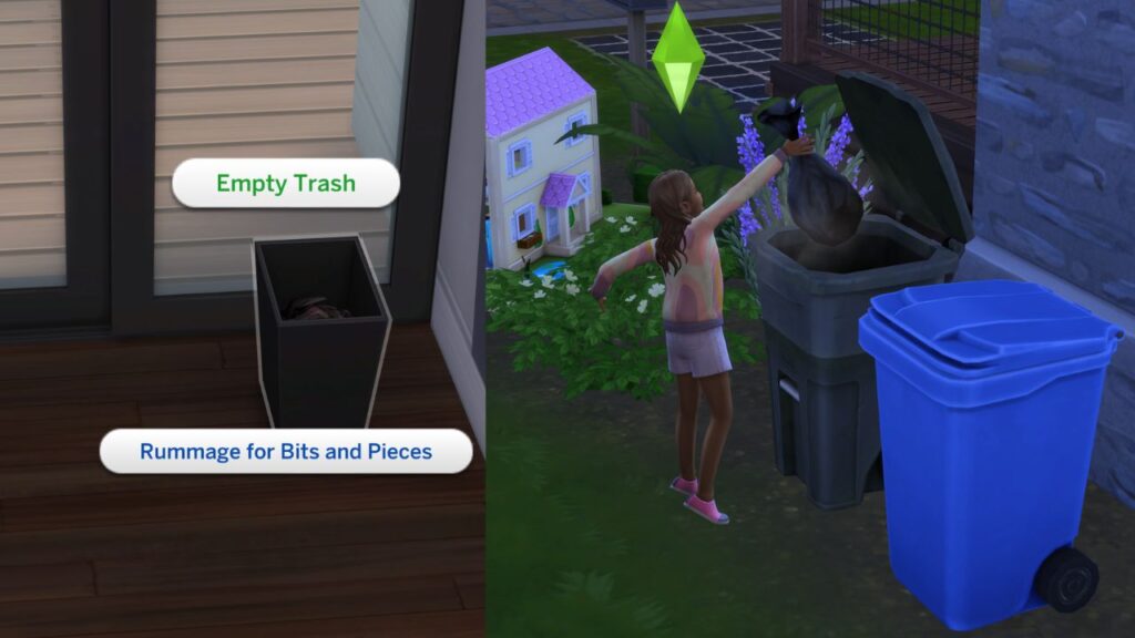 A screenshot from The Sims 4 showing the option to empty trash and then a child emptying the trash into an outdoor bin 