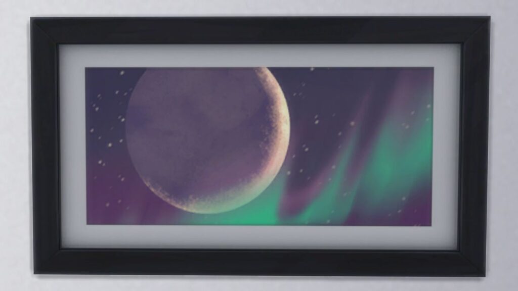 A screenshot from The Sims 4 showing a black frame with a print of a moon in purple and auroras in green