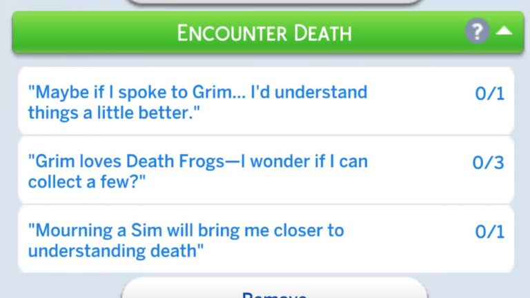 A screenshot from The Sims 4 showing the encounter death formative moment tasks