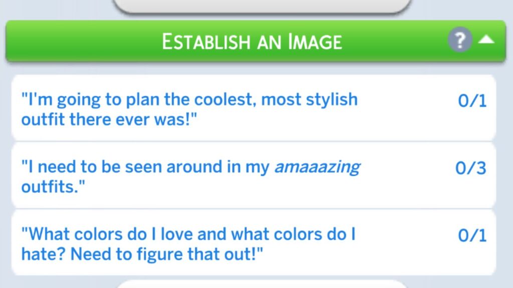 A screenshot from The Sims 4 showing the Establish an Image formative moment's task
