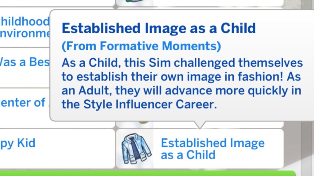 A screenshot from The Sims 4 showing the Established Image as a Child trait from formative moments