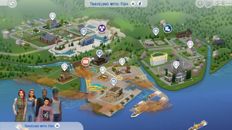 A screenshot from The Sims 4 showing the map of ever green harbour