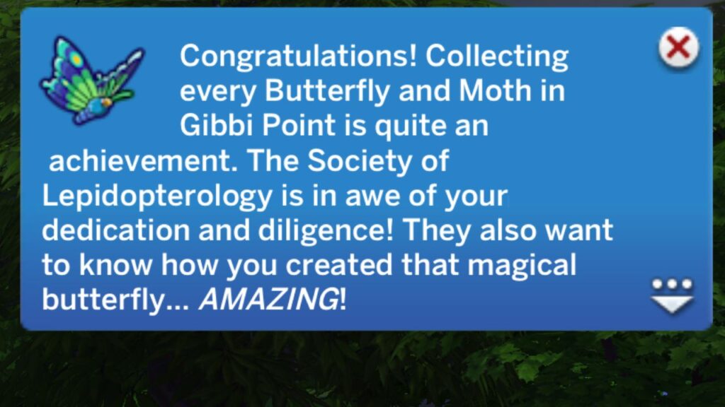 A screenshot from The Sims 4 showing the notification you get when you finish the butterfly and moth collection