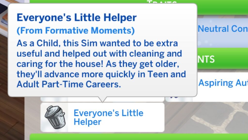 A screenshot from The Sims 4 showing the 'everyone's little helper' reward trait 