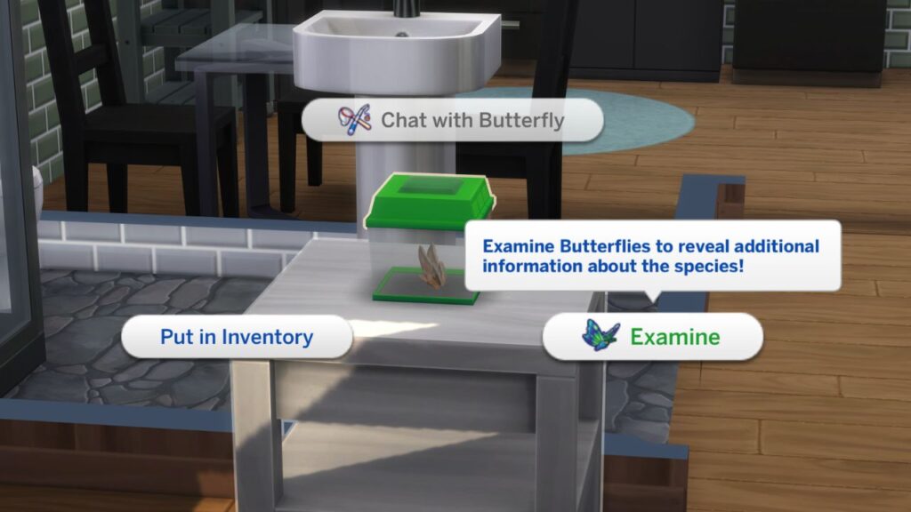 A screenshot from The Sims 4 showing how to examine a butterfly 