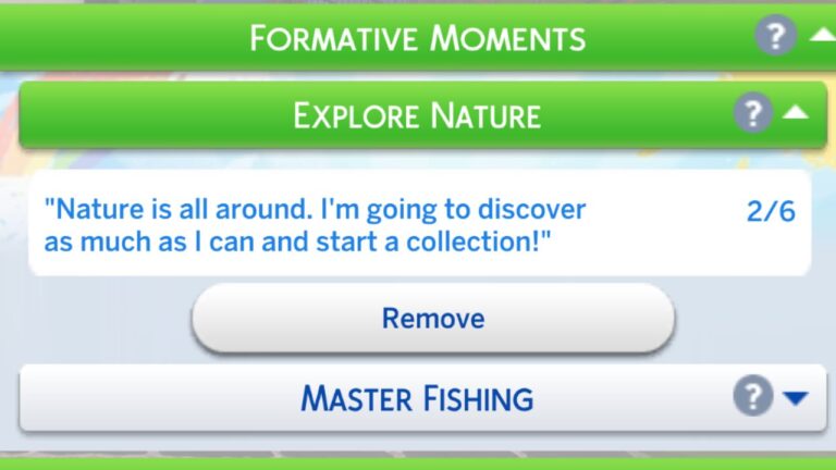 A screenshot from The Sims 4 showing the explore nature formative moment tasks