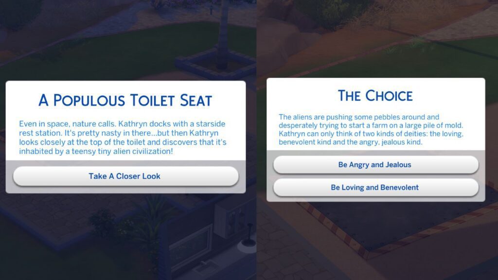 A screenshot from The Sims 4 showing the action cards you get when going to space
