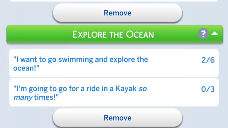 A screenshot from The Sims 4 showing the explore the ocean formative moment tasks