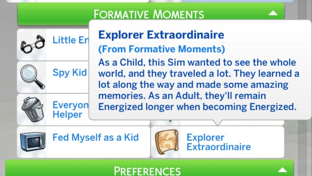 A screenshot from The Sims 4 showing the description for the Explorer Extraordinaire trait 