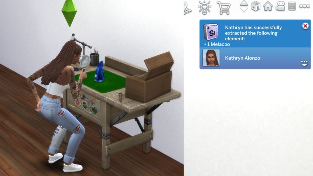A screenshot from The Sims 4 showing a sim inspecting a crystal at an archaeology table