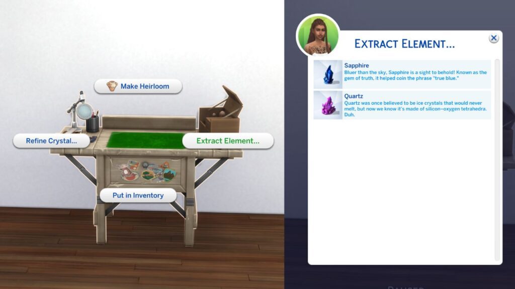A screenshot from The Sims 4 showing the option to extract element on an archaeology table and the menu that opens to choose a crystal or metal