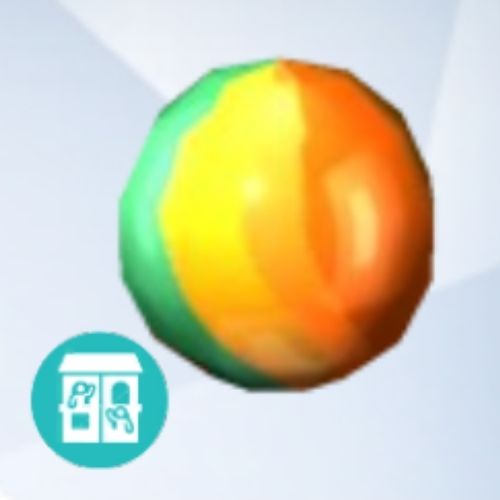 A screenshot from The Sims 4 showing a grey background with an enlarged image of a marble with a mint, yellow and orange design 