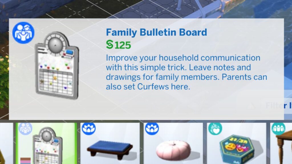 A screenshot from The Sims 4 showing the family bulletin bboard item from parenthood