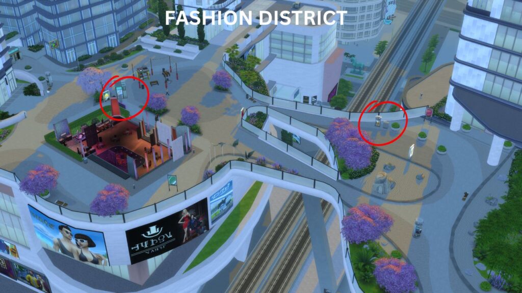 A screenshot from The Sims 4 showing where you can find electric boxes in the fashion district