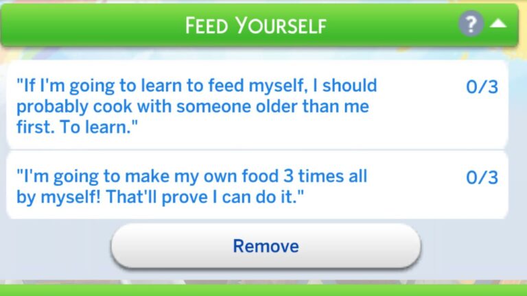 A screenshot from The Sims 4 showing the Feed yourself formative moment tasks