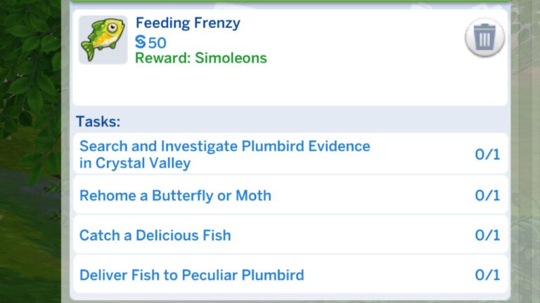 A screenshot from The Sims 4 showing the tasks for the feeding frenzy quest