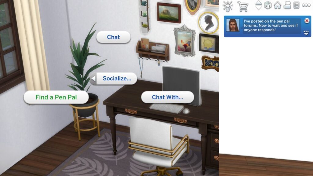 A screenshot from The Sims 4 showing the option to find a pen pal on a computer