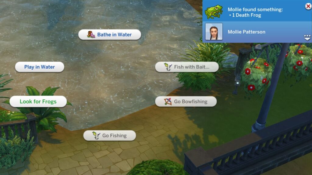 A screenshot from The Sims 4 showing how to look for frogs to find a death frog