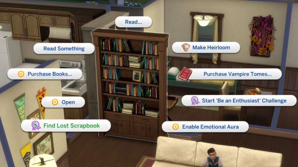 A screenshot from The Sims 4 showing the option to find lost scrapbook on a bookcase