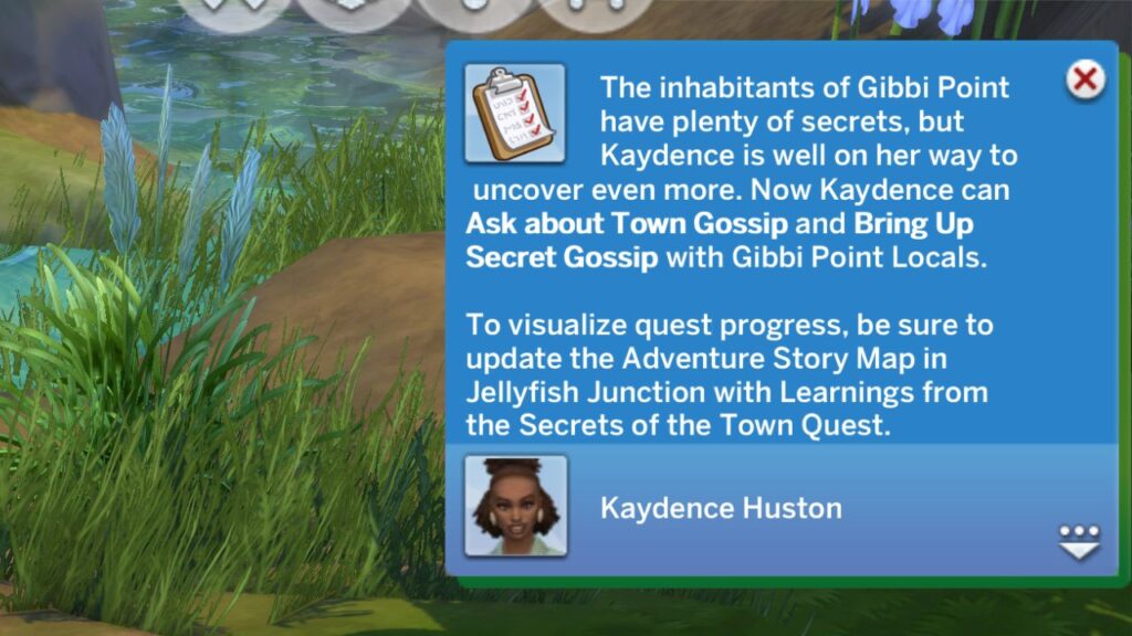 A screenshot from The Sims 4 showing  the notification you get when you finish the secrets of the town quest 