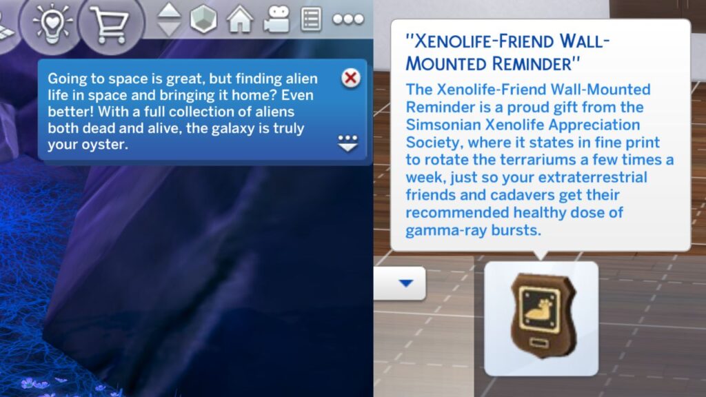 A screenshot from The Sims 4 showing the notification and plaque you get when you finish the alien collection