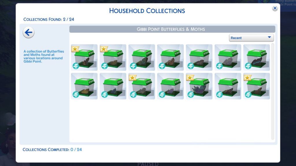 A screenshot from The Sims 4 showing the completed butterfly and moth collection