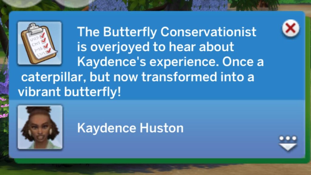 A screenshot from The Sims 4 showing the notification you get when you finish the raise a butterfly quest 