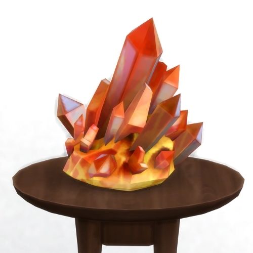 A screenshot from The Sims 4 showing a brown circular table with a crystal on top. This image has a crystal called fire opal