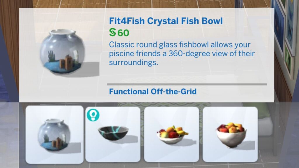 A screenshot from The Sims 4 showing the Fit4Fish Crystal Fish Bowl build mode listing 
