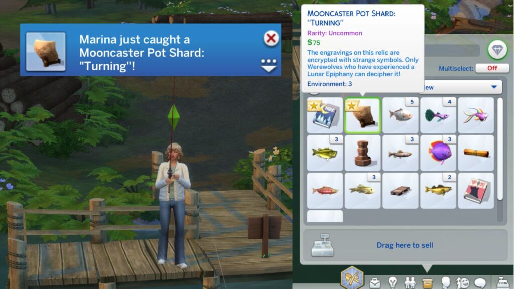 A screenshot from The Sims 4 showing a sim fishing on a dock. They got a notification saying they just caught a mooncaster pot shard