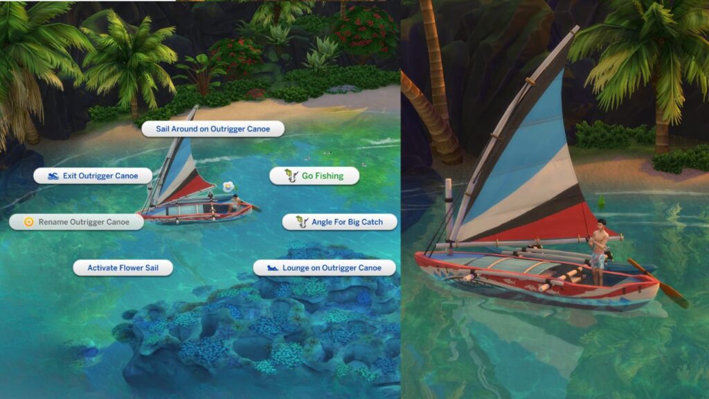 A screenshot from The Sims 4 showing a sim fishing off the back of a boat