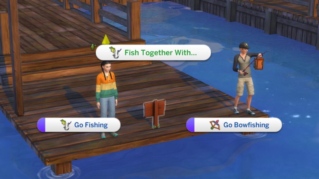 A screenshot from The Sims 4 showing the option to fish together with another sim 