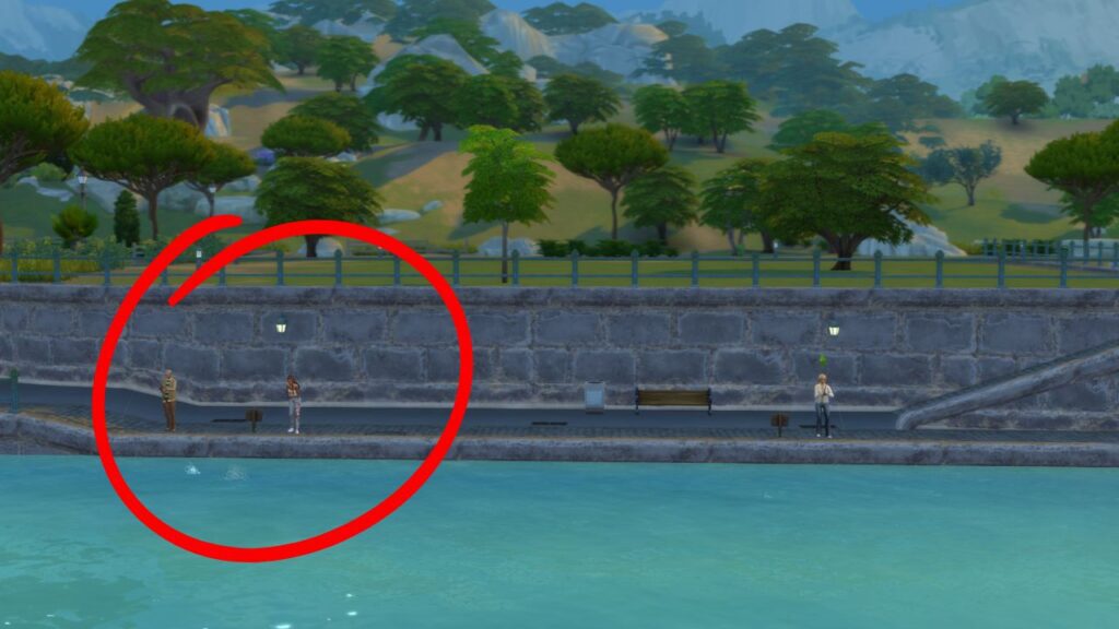 A screenshot from The Sims 4 showing a fishing spot located in front of the Via Romanza lot on the left side