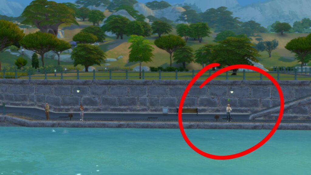 A screenshot from The Sims 4 showing a fishing spot located in front of the Via Romanza lot on the right side