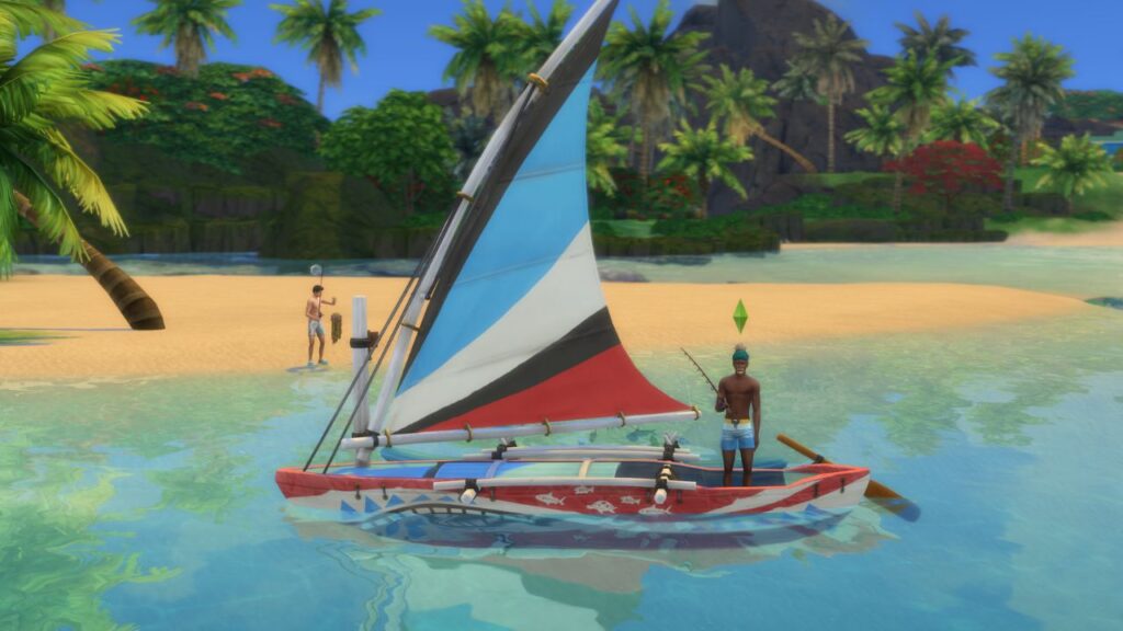 A screenshot from The Sims 4 showing a fishing spot with a sim fishing off the back of their boat