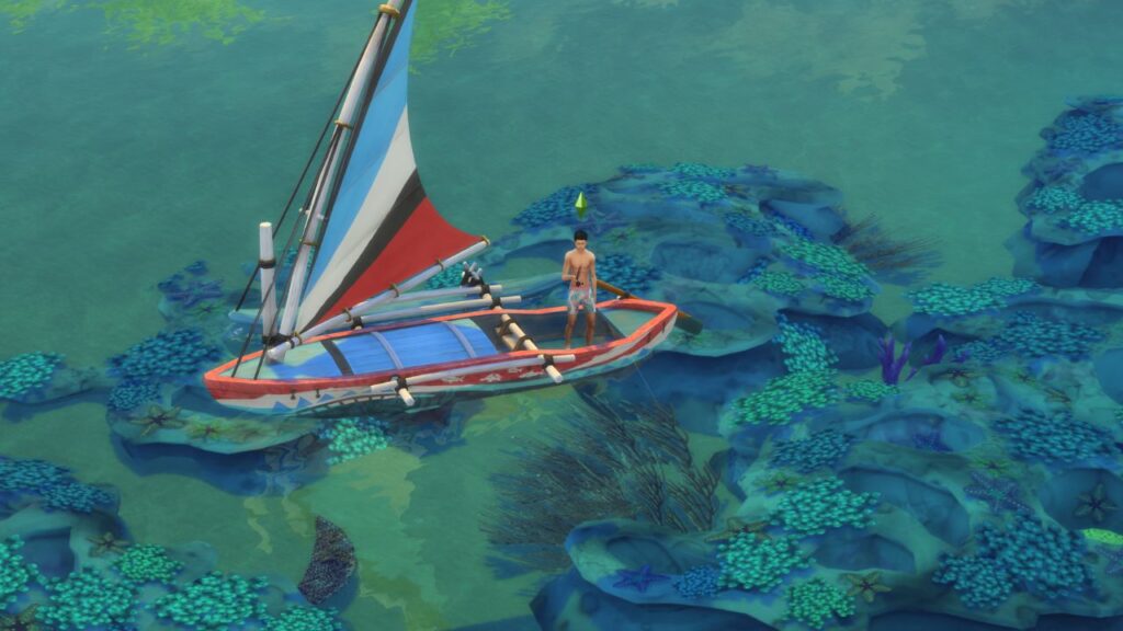 A screenshot from The Sims 4 showing a sim fishing on the back of a boat