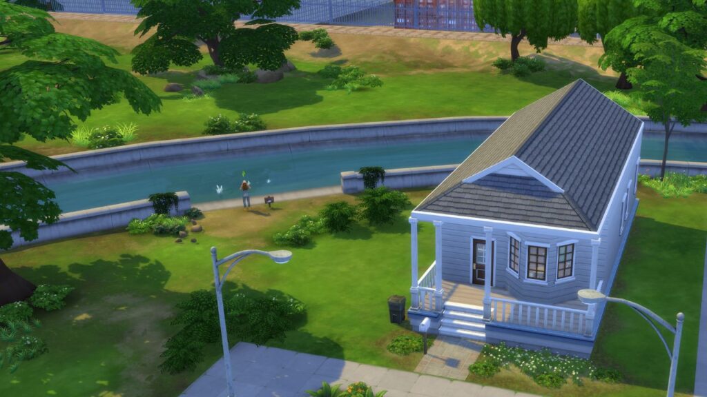 A screenshot from The Sims 4 showing a fishing spot next to the Crick Cabana Lot