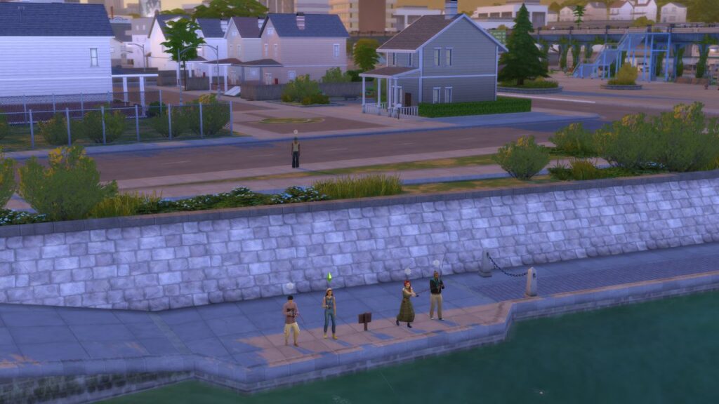 A screenshot from The Sims 4 showing a set of four sims fishing near canal corner lot