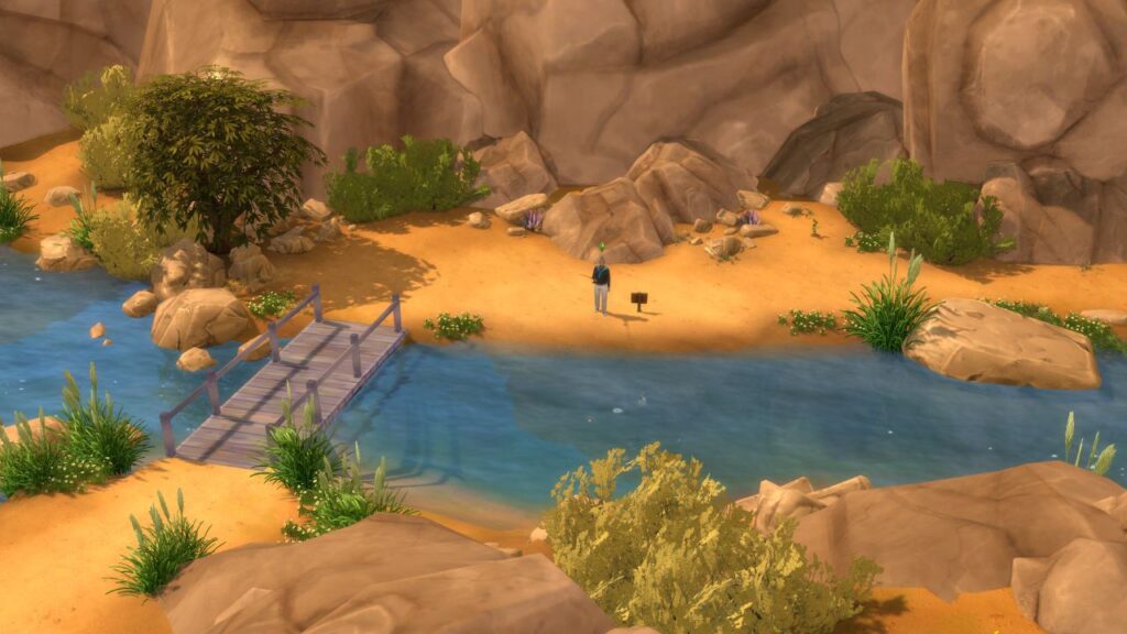 A screenshot from The Sims 4 showing the location of a fishing spot in Bedrock strait over a small bridge