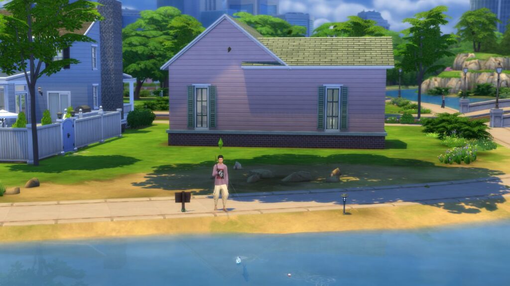 A screenshot from The Sims 4 showing a fishing spot beside rose lot