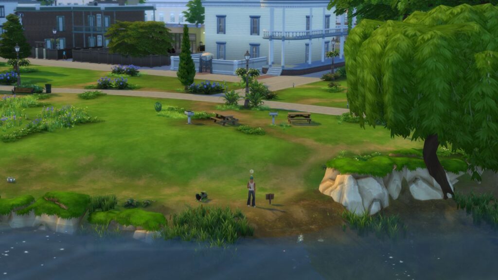 A screenshot from The Sims 4 showing a fishing spot behind the library near grills