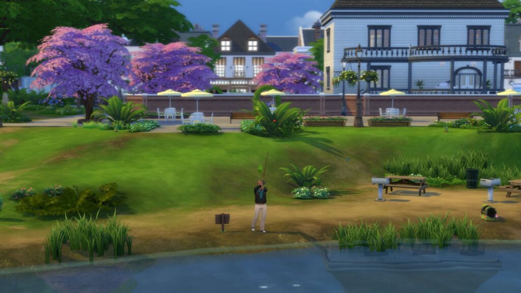 A screenshot from The Sims 4 showing a fishing spot behind the museum in willow creek
