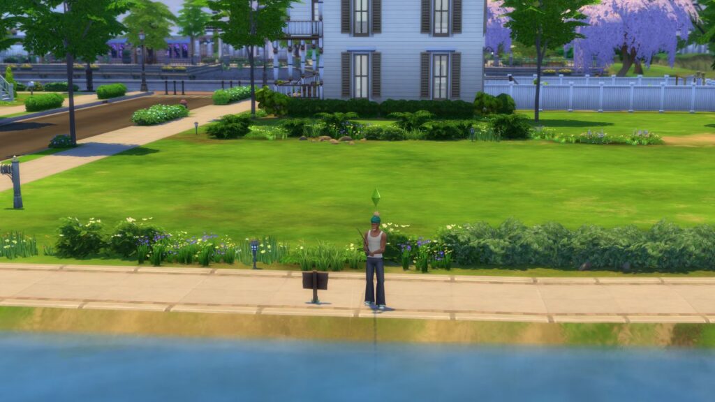 A screenshot from The Sims 4 showing a fishing spot beside the potters splay lot