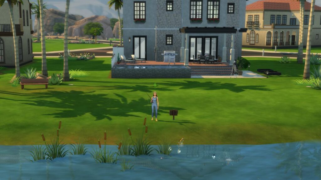 A screenshot from The Sims 4 showing the location of a fishing spot behind the caliente household