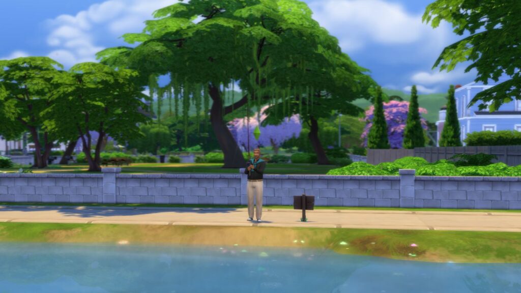 A screenshot from The Sims 4 showing a fishing spot near a park in willow creek