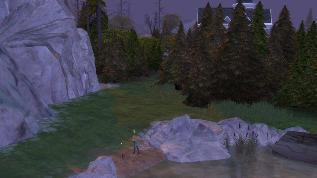 A screenshot from The Sims 4 showing a fishing spot that's located behind the Vatore lot in a lake