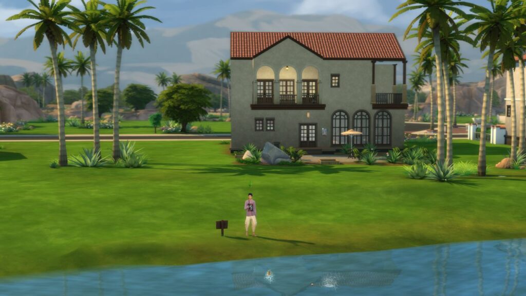 A screenshot from The Sims 4 showing the location of a fishing spot behind the Grenada Place residential lot
